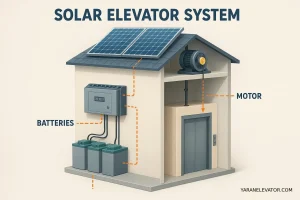 آسانسور خورشیدی؛ گامی نو به سوی ساختمانهای سبز و کممصرف 1 جزای اصلی سیستم (پنلهای خورشیدی، باتری، کنترلر، موتور)